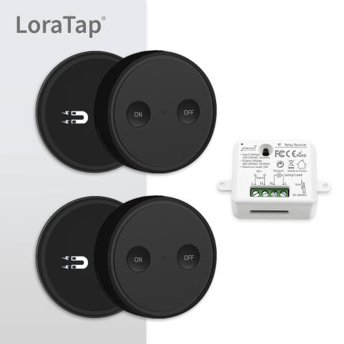 LoraTap Black Magnetic Wireless Lights Switch Kit (2-button remote and one relay receiver) 868Mhz for EU market