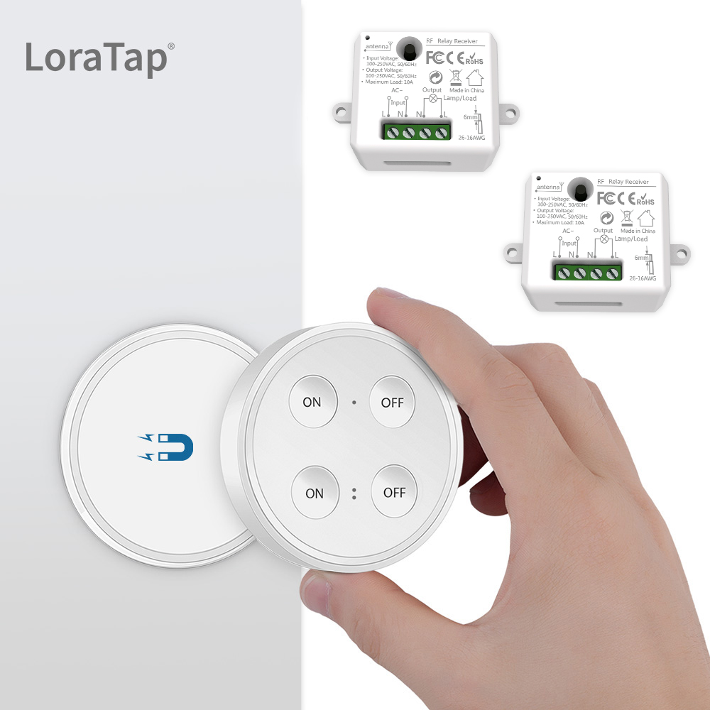 LoraTap Magnetic Wireless Lights Switch Kit (One 4-button remote and two  relay receivers) 868Mhz for EU market