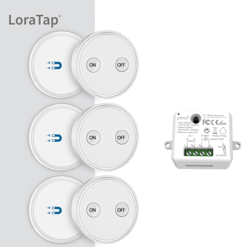 LoraTap Magnetic Wireless Lights Switch Kit (Three 2-button remotes and one relay receiver) 868Mhz for EU market
