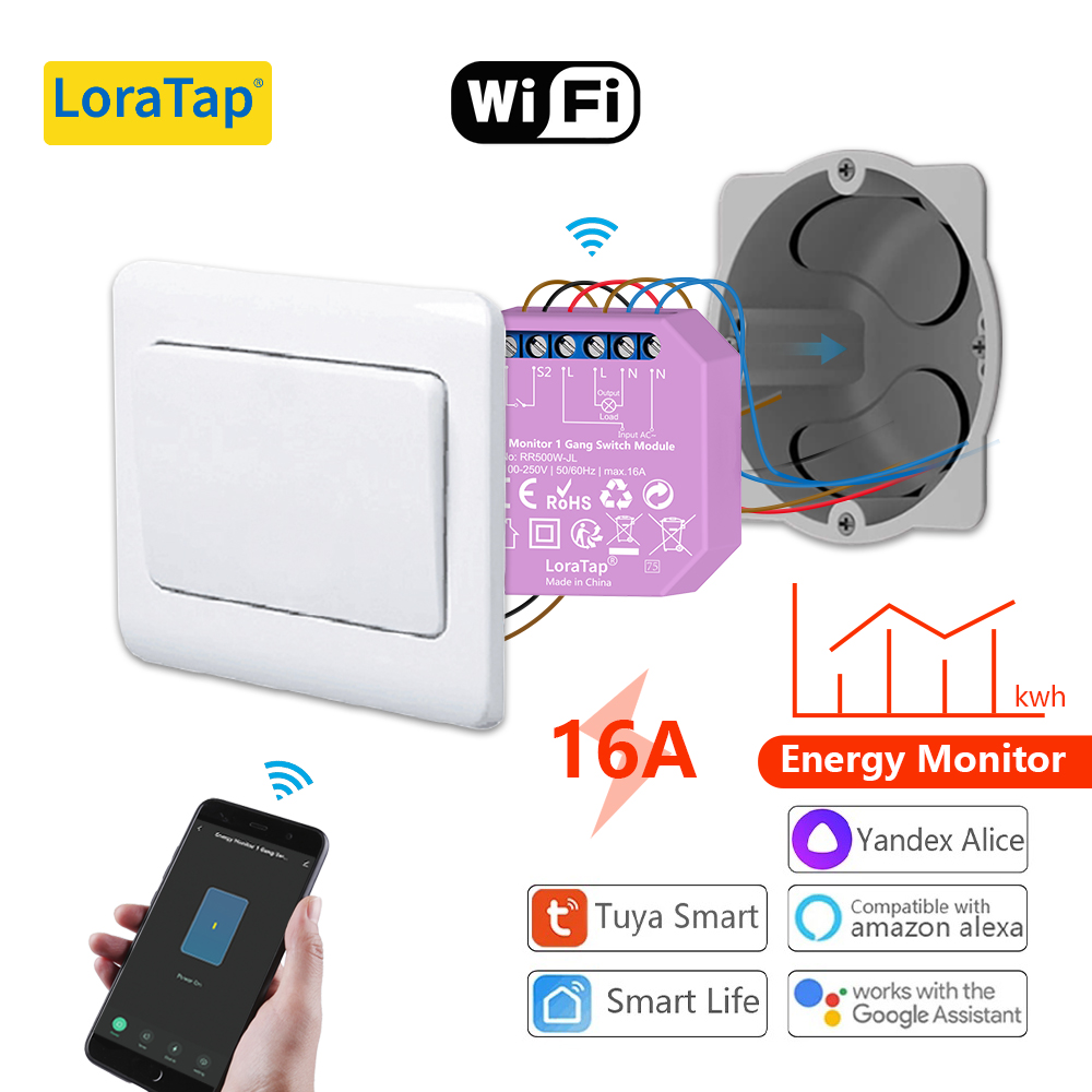 LoraTap Power Energy Monitoring Estimate 1，2 Gang Switch Relay Breaker  Module Tuya Smart Life App Remote Control Automation