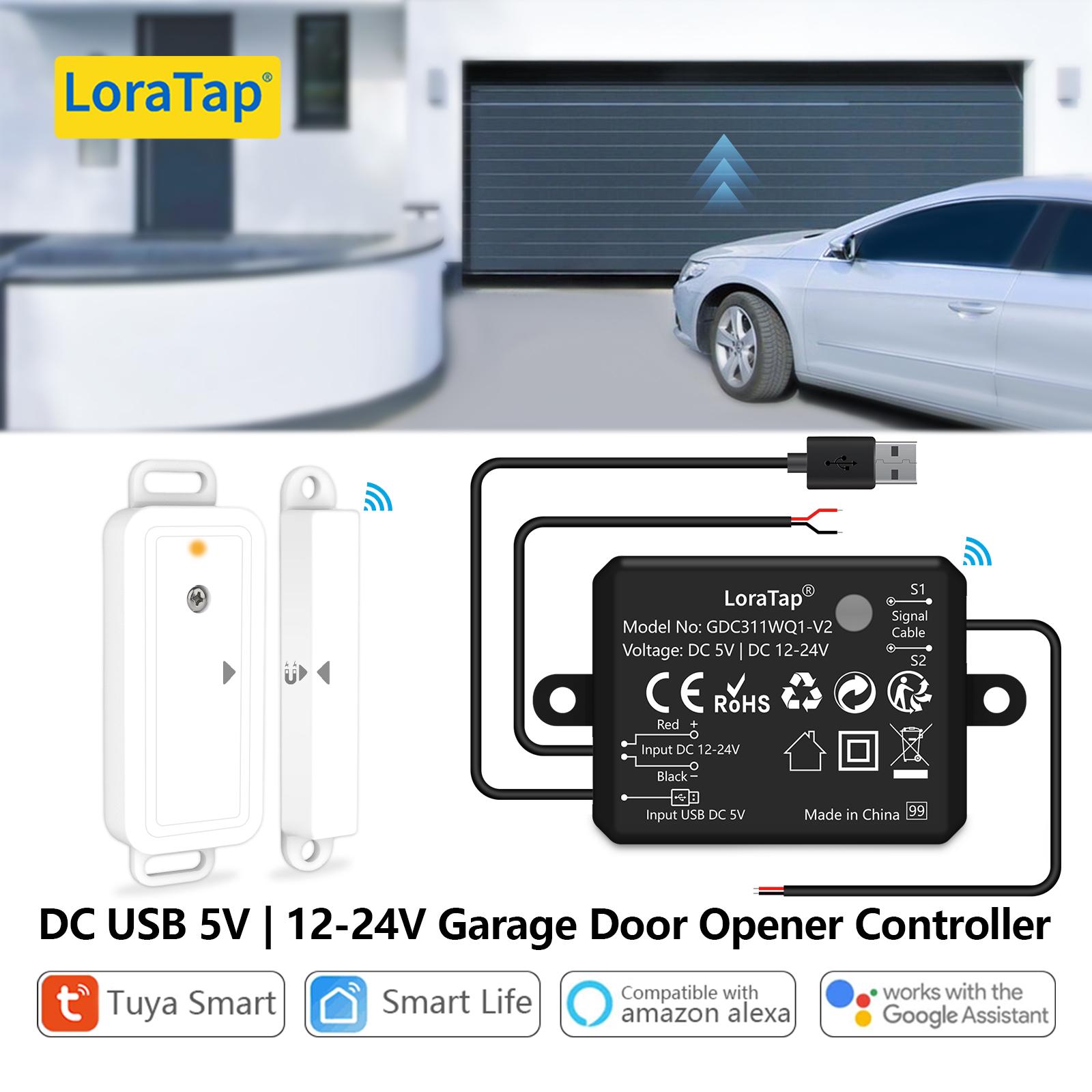 Cheap LoraTap Tuya Smart Life AC DC Garage Door Wireless Sensor Opener  Controller USB Charger Remote Control by Google Home